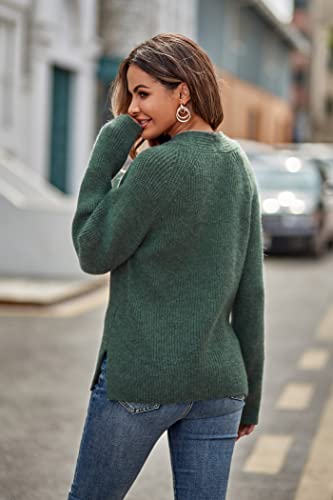 Zaful Womens 1/4 Zipper Long Sleeve V Neck Casual Ribbed Knit Half Zip Pullover Tunic Sweater With Slit Green #TOP1