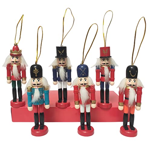 SurpriseSeptember 6 PCS Christmas Nutcracker Ornament Set, 4.9in Wooden Nutcracker Figures Christmas Tree Decoration, Mini Nutcracker Soldier Festival Party Desktop Decoration
