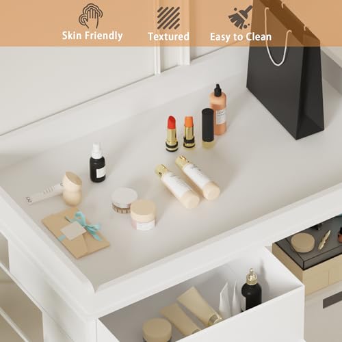 Image of 4-Drawer Storage Changing Station Dresser with Changing Table Top Mobile Baby Nursery Dresser with 1 Open Shelf and 1 Laundry Hamper Diaper Changing Station for Infant,White