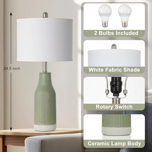 luxeflow 24.5" Ceramic Table Lamps Set of 2 for Bedroom, Sage Green Table Lamps for Living Room End Table, Small Farmhouse Bedside Lamps for Nightstands (2 LED Bulbs Included) - image 3