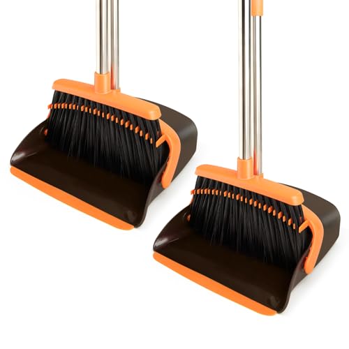 Image of 2-Pack Broom and Dustpan Set with Long Handle, Heavy Dust Broom and Dustpan Combo for Home,Kitchen, Office, Pet Hair (Brown Orange)