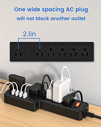 10Ft Power Strip Usb Surge Protector, Jackyled Mountable 6 Outlets 4 Usb Ports Electric Power Outlet With Offset Plug Electric Long Extension Cord Power Charging Station For Home Office #TOP5