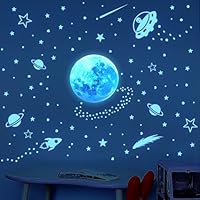 Blue Glow in The Dark Stars, Planets, Moon, Rocket Wall Stickers - 3D Luminous Ceiling & Wall Decals for Kids' Bedroom, Nursery & Living Room - Solar System, Astronaut & Alien Decor.