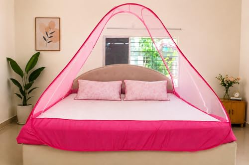 Image of Healthy Sleeping Mosquito Net | Double Bed | Supreme King Size Bed | Foldable Machardani with 2 Side Zipper Opening | Strong 30GSM Polyester Net | PVC Coated Steel Wire (Pink)