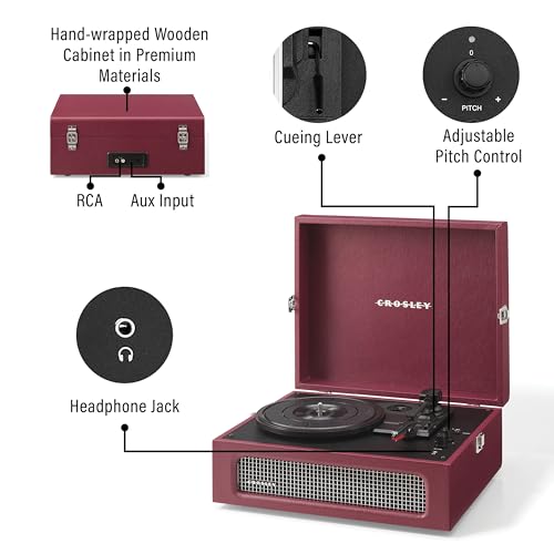 Image of Crosley CR8017B-BU Voyager Record Player, Burgundy | 3-Speed Turntable, Bluetooth In / Out, Built-in Full-Range Stereo Speakers, Adjustable Pitch Control