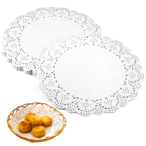 150 Piezas Tapetes de Encaje de Papel, 21 cm Blondas de Papel Redondas, Desechable Tapete de Encaje Blanco para Bodas, Cumpleaños, Tarta, Postres, Comida Frita, Decoraciones de Mesa