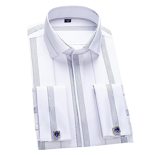 Dninmim Men's Dress Shirts, Solid Striped Long Sleeve Tuxedo, Windsor Collar Party Wedding Shirts