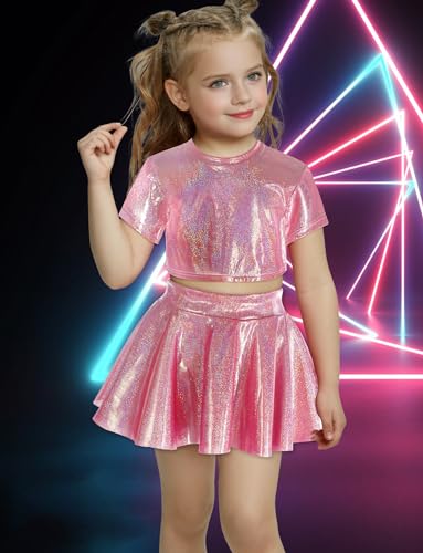 Image of Happy Cherry Kids Girls Metallic Shiny Short Sleeve Crop Tank Top with Skirt Dance Dancewear Outfit Rose Red 7-8 Years