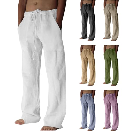 Linen Pants Men Casual Lightweight Loose Summer Beach Pant Elastic Waist Drawstring Wide Leg Yoga Trouser with Pocket
