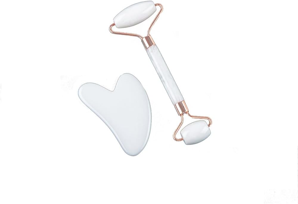 Pokinge White Jade Roller and Gua Sha Set, Resin Facial Tools Face Massage for Skin, Face, Eye, Neck Natural Beauty Skin Care Tools for Men Women(White Set)