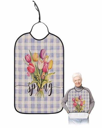 Kewadony Adult Bibs for Elderly Women - Purple Plaid Spring Floral Waterproof Dining Clothing Protectors with Crumb Catcher for Eating/Feeding, Summer Botanical Tulip Terry Cloth Bib Machine Washable