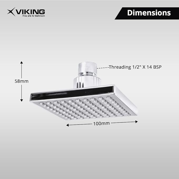 Image of Viking ABS Rain Shower | Polished Chrome | 4x4 Inches (100mm) Square Showerhead | Thread 15mm, Inner | Rotatable Spindle | Easy-to-Clean Nozzles | Without Arm