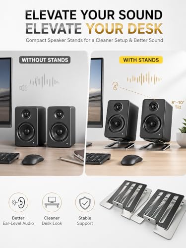wigmoa U-Z2 【2PACK】 Desktop Speaker Stands Pair for Small Speakers, Tilted Steel Tabletop Stands with Foam Padding, Fits Compact Studio Monitors, Computer Speakers (A/Black) - image 3