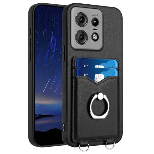 BIOPLJ Case for Motorola Moto Edge 50 Pro Hard Wearing Leather with Card Slots, Camera Protection, 360 Ring Stand, Leather Wallet Anti-Shock Cover Motorola Edge 50 Pro Case (Black)
