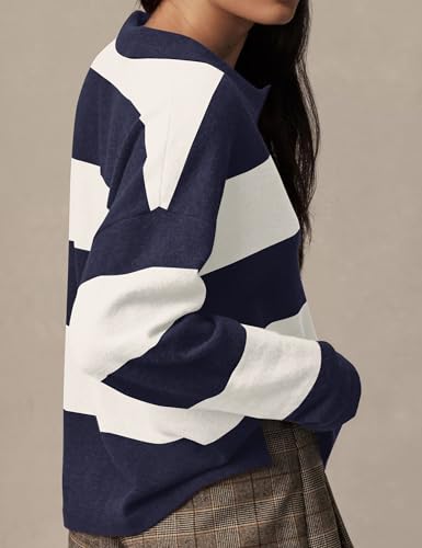 Image of Womens Striped Sweater Rugby Polo Shirts Y2k Collar Pullover Tops | Rugby Shirt,Long Sleeve Knit Top,Lapel V Neck Jumper,Oversized,Casual Outings Streetwear,Preppy Sweater,Fall Winter Clothes