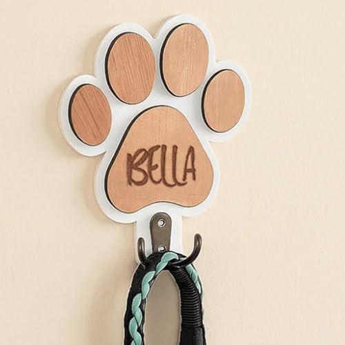 miguha Gancho de Pared de Madera Maciza Personalizado con Huella de Pata, Soporte for Llaves y Correa de Perro con Nombre Personalizado, Organizador de Perchero de Madera for Pared(White)