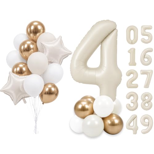 Image of PartyWoo Beige Number 4 Balloon 40 Inch 25pcs White Sand Foil Star Gold