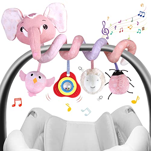 Image of Car Seat Toys, Newborn Toys, Stroller Toys for Babies and Infants 0-6-12 Months, Baby Doll Car Seat Toys Boys Girls Elephant(Pink)