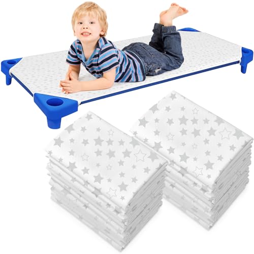 Image of Peryiter 12 Pcs Cot Sheets for Daycare Standard Size 24 inch x 51 inch Toddler Nap Mat Sheets Star Pattern with Corner Elastic Loops Breathable Bed Fitted Cot Crib for Preschool Child Kid Boy Girl (White)