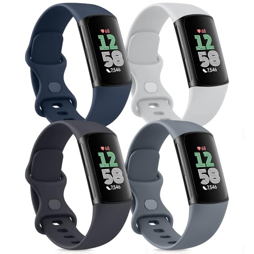 Pack 4 Straps Compatible with Fitbit Charge 6 Strap/Fitbit Charge 5 Strap for Women Men,Silicone Adjustable Strap for Fitbit Charge 5/Charge 6 (S,Navy Blue/Silver Grey/Midnight Blue/Steel Blue)