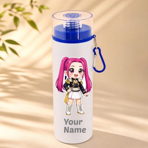 Image of Custom Name Aluminium Water Bottle 800ml | Korean Theme Cute Cartoon Bottle with Carabiner | Leakproof School Bottle for Kids, Girls Birthday Gift|Birthday Return Gift