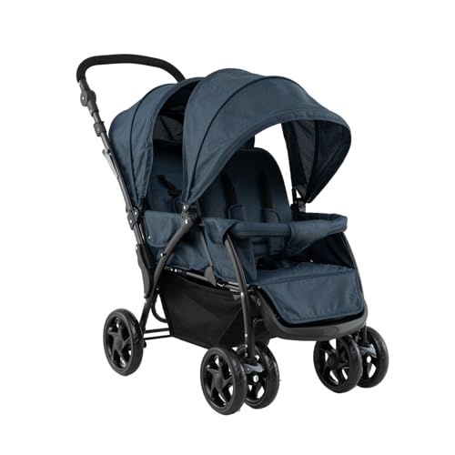 GOPLUS Carrito Gemelar, Silla de Paseo para Gemelos con Respaldo Ajustable, Toldo y Cinturón de Seguridad de 5 Puntos, Cochecito Doble Plegable para Bebés de 0-3 Años (Azul)