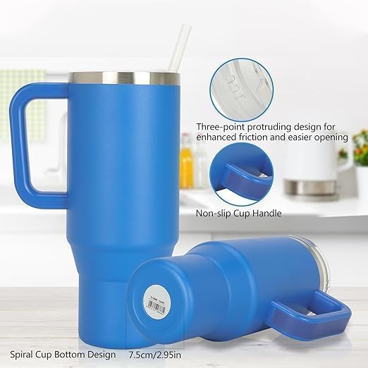 Image of Tumbler with Handle and Straw, Pink Insulated Travel Mug Iced Coffee Cup, Reusable Stainless Steel Insulated Water Bottle, Keeps Drinks Cold