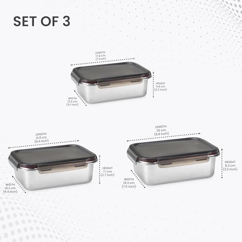 Image of MILTON Modulo Steel Rectangular Container with lock lid, Set of 3 (600,1200 & 2200 ml)|Airtight & Leakproof|Microwave & Oven safe| Light Weight | School, Office or Picnic use, Silver