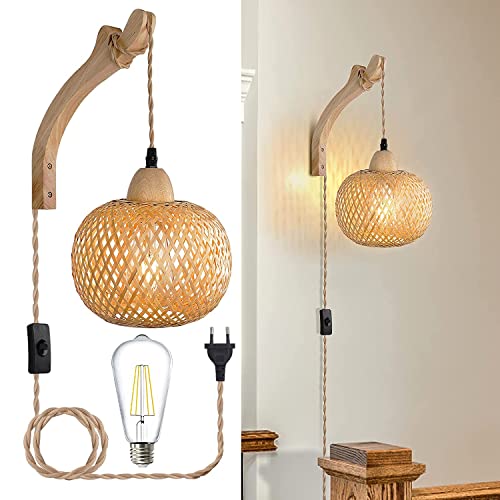 Applique Murale Intérieur En Bois Rétro Lanterne En Bambou, Lampe Murale En Osier De Corde De Chanvre Créative E27 Avec Prise Et Interrupteur, Applique Murale En Rotin Pour Chambre (Avec Ampoule) Cover