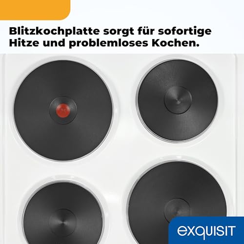 Exquisit Elektro-Standherd | 48 l Garraum, Energieklasse A, 1800 W Ofenleistung | Ober- und Unterhitze, Kochfeld mit vier Kochstellen, Innenbeleuchtung, Drehknopfbedienung, freistehend | EH 9.3-9