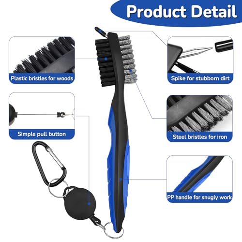 2 Stück Golf Bürste, Golfschläger Bürste Golf Club Groove Cleaner mit Karabinerhaken, Schlaufe Clip und Aluminium-Karabiner, Golfschlägerreiniger für Reinigung Club Face & Groove(Schwarz und Blau)