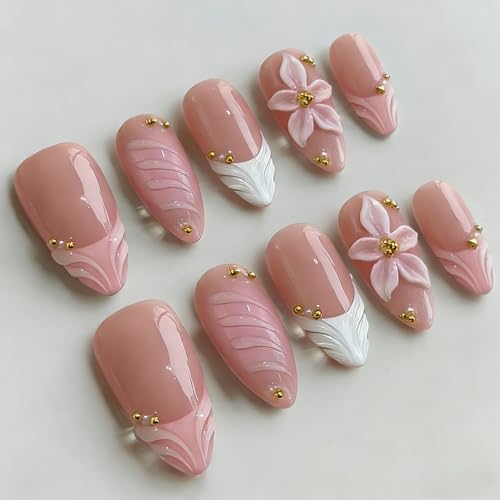 Luxury Press on Nails Medium Almond Handmade 3D Unique Reusable ABS Material Fake Nails French Tip False Nails with Ombre Flower Water Ripple Designs Pink Glossy Glue on Nail Thick Acrylic Nail(M)