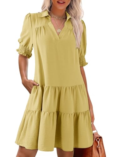 Image of Dokotoo Casual Dresses for Women Lapel Collared V Neck Mid Sleeved Pleated Summer Dresses for Women 2026 Midi Dresses