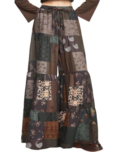 Image of GRECIILOOKS Boho Printed Wide Leg Palazzo Pants for Women, Flowing High Waist Rayon Trousers for Beach, Vacation, Lounge, and Summer Style