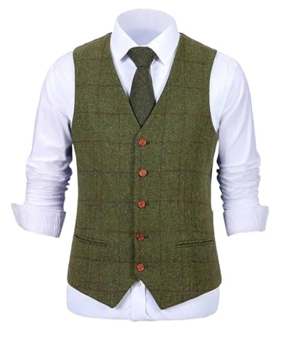 Men's Plaid Soft Wool Casual Tweed Business Waistcoat England Style Solid Color Single Breasted Vest