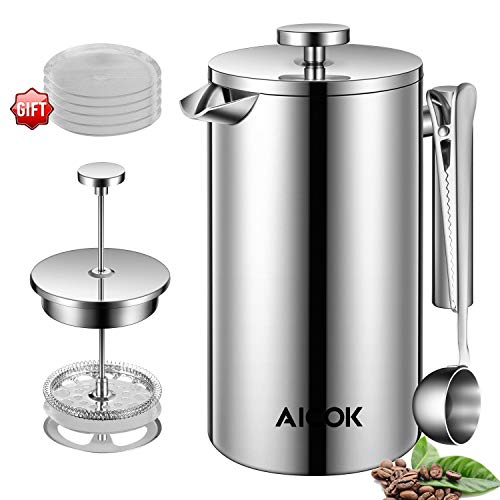 French Press Coffee Maker, Aicok Double-Wall 18/10 Stainless Steel French Press Coffee
