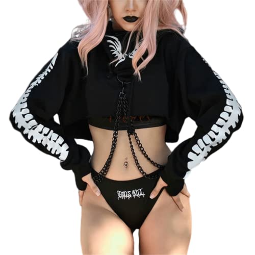Las mujeres góticas Super Extreme Crop Top Y2K Sudadera con capucha Recorte Cadena Grunge Alt Emo Estética E-girl Dark Academia Cyber Punk, Alas reflectantes negras, S Cover
