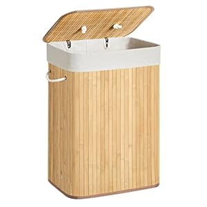 SONGMICS Foldable Laundry Hamper with Lid, 19 Gal. Bamboo Laundry Basket, Rectangular Storage Hamper with 3 Handles, 15.7 x 11.8 x 23.6 Inches, for Laundry Room, Bedroom, Natural ULCB10YV1