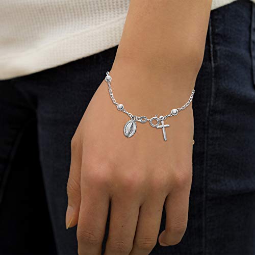 Sterling Silver Religious Miraculous Medal and Cross Charm 7 Inch 4mm Bead Chain Bracelet for Women2