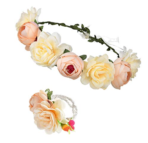 Ddazzling Nature Berries Flower Crown With Floral Wrist Band For Wedding Festivals (Champagne) #TOP5