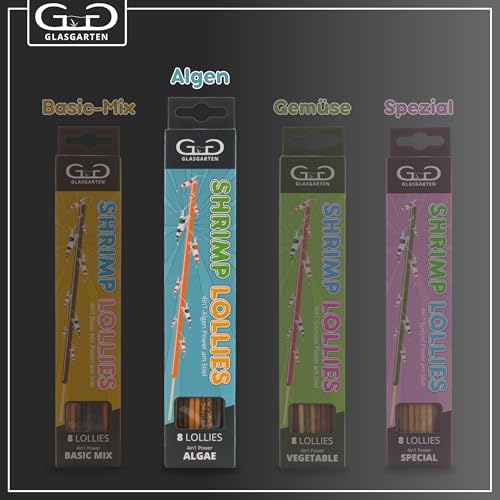 GlasGarten Shrimp Lollies 4in1 Algen Power | 8 STK. / 20 cm – Futtersticks für Ziergarnelen, mit 4 verschiedenen Geschmacksrichtungen, hochwertige Futterpaste am Stil