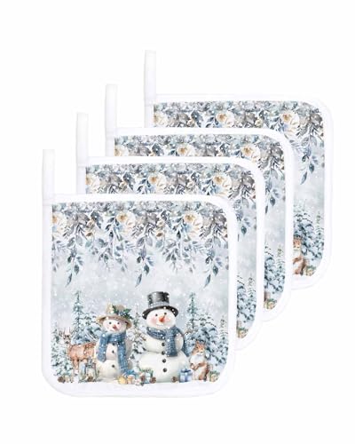 LEOKOTI Christmas Blue Snowman Holders 3 Pack, Hot Pads for Kitchen with Hanging Loop, Xmas Botanical Snowflake Holder Oven Hot Pad Washable Potholders for Cooking Baking 8.25
