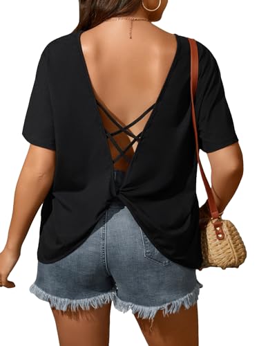 Floerns Women's Plus Size Criss Cross Twis Back Short Sleeve Backless T Shirt Tops