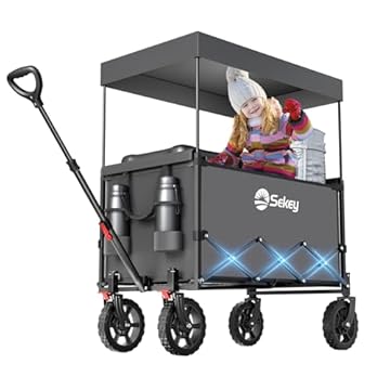 Sekey XXL Carrello Spiaggia con Tetto 150L 150KG, Carrello Pieghevole per Bambini, Carrelli Pieghevole con Ruote con Protezione Solare per Spiaggia Campeggio SE 4018, Grigio