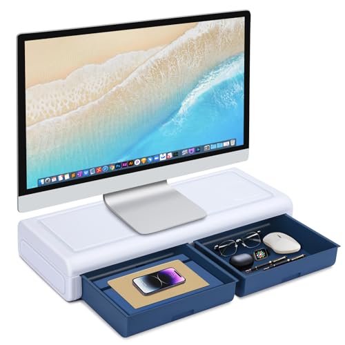 YGYQZ Desktop Monitor Riser Stand, Monitor Mount Office Desk Organizer with 2 Drawers for Laptop, PC, Printer, Computer