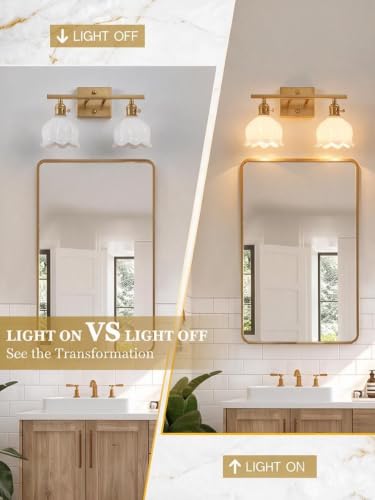 Image of 3-Light Vintage Bathroom Vanity Light, 19.4 inch Brass Hardwired Wall Sconce with Amber Tulip Glass Shades, Brushed Gold Vanity Light for Mirror, Restroom, Bedroom (White, 2-Light)