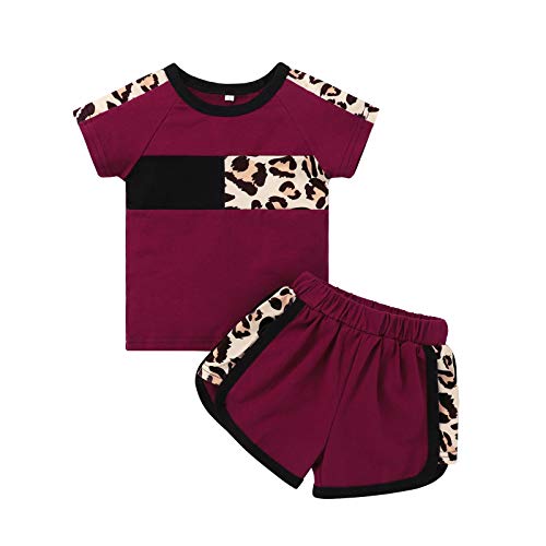 U·nikaka Infant Toddler Baby Girl Clothes Newborn Outfit Set Leopard Print Patchwork Short Sleeve Top + Shorts 2PCS(Red,2-3Years)