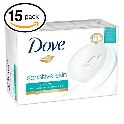 (PACK OF 15 BARS) Dove Unscented Beauty Soap Bar: SENSITIVE SKIN. Hypo-Allergenic & Fragrance Free. 25% MOISTURIZING LOTION & CREAM! Great for Hands, Face & Body! (15 Bars, 3.5oz Each Bar)