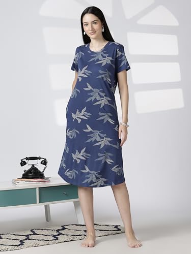 Image of 9shines Label Hosiery Cotton Knee Length Short Night Dress | Short Nighty for Women with Pocket | Graphic Print Nightwear | Night Gown for Women (M-7XL)