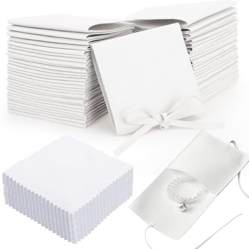 Cunno 120 Pcs Microfiber Jewelry Pouch 8 x 8cm Jewelry Packaging Bag Gift Bow Tie Bracelet with Cleaning Cloth (White)
